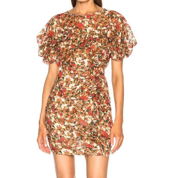 Isabel Marant Face Dress Mini Floral Viscose Silk Semi Sheer Ruched 36 US 4